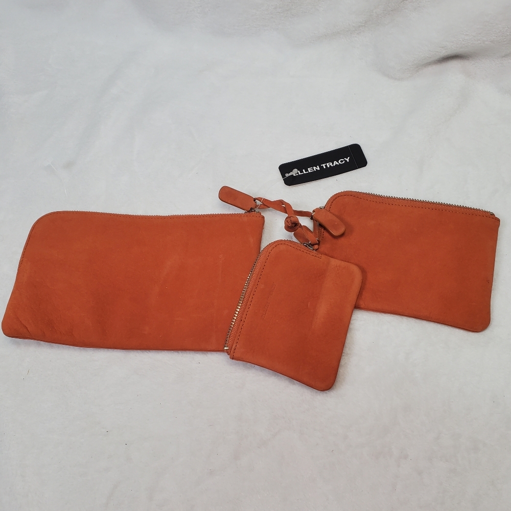 Ellen Tracy Wallet Set Cognac Leather Zip Wristlet 3 Piece NWT Card Holder Bags‎